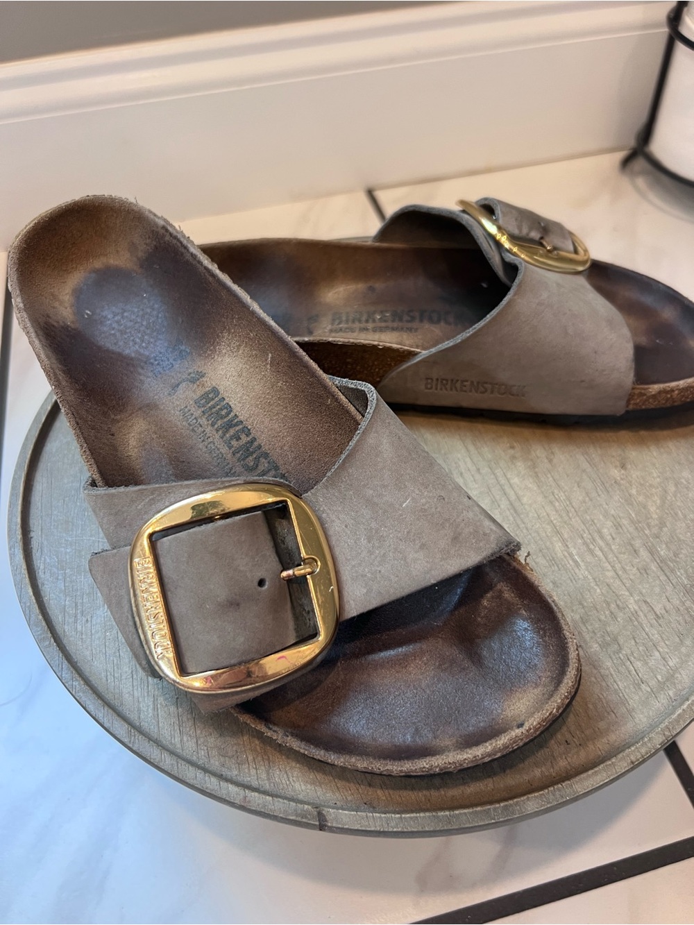 Birkenstock Single-Strap Suede Slides in Taupe with Gold Buckles - Picture 5 of 5